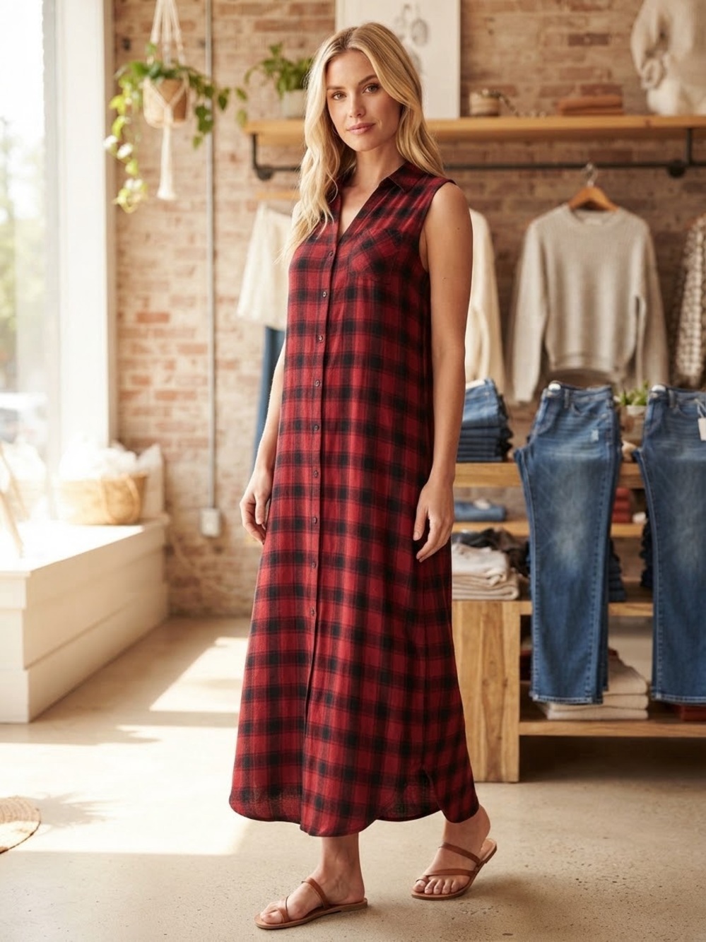 Mossimo Supply Co. Red and Black Plaid Sleeveless Maxi Shirt Dress
